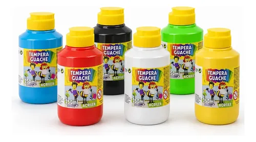 Tinta Guache 250ml Acrilex Têmpera Profissional com 6 Cores