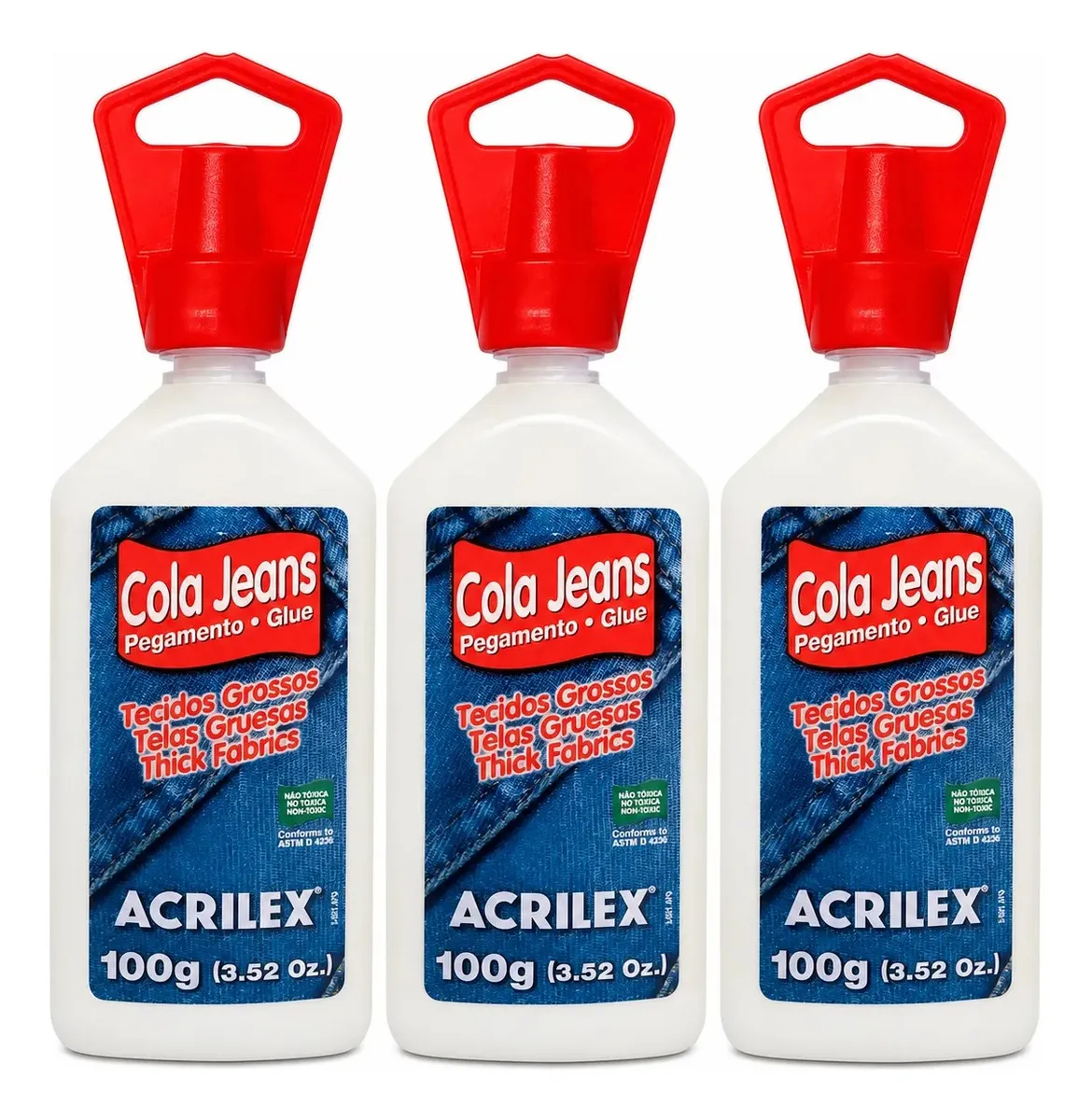 Kit 3 Colas Jeans Acrilex para Tecidos Grossos 100g